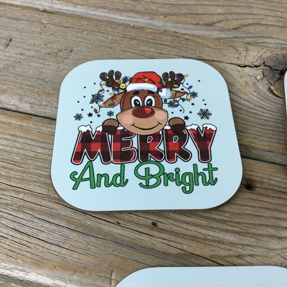 Merry and Bright Reindeer Christmas Coasters Set of 4 - Picture 4 of 8